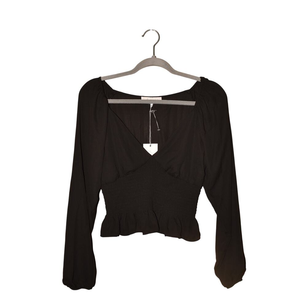WAYF NEW $79 Black Long Sleeve Smocked Waist Peplum Peasant Blouse Small